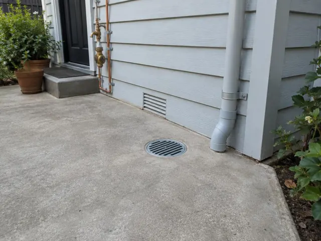 Round outdoor gully grate set in a concrete driveway beside a house wall, with dry paving in Woollahra