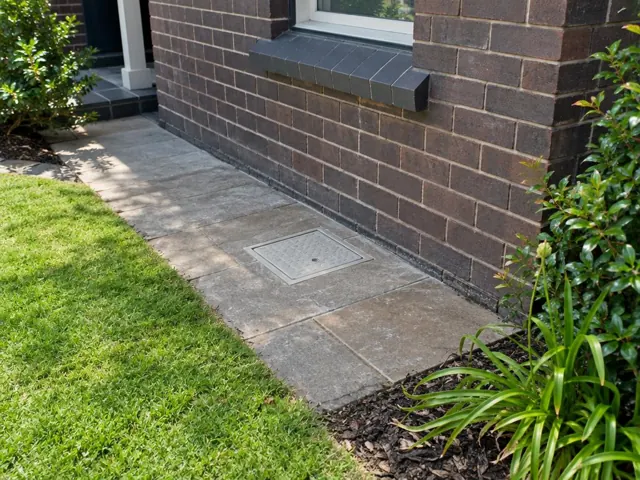 Flush access cover in paved side path beside dark brick house and lawn in Double Bay