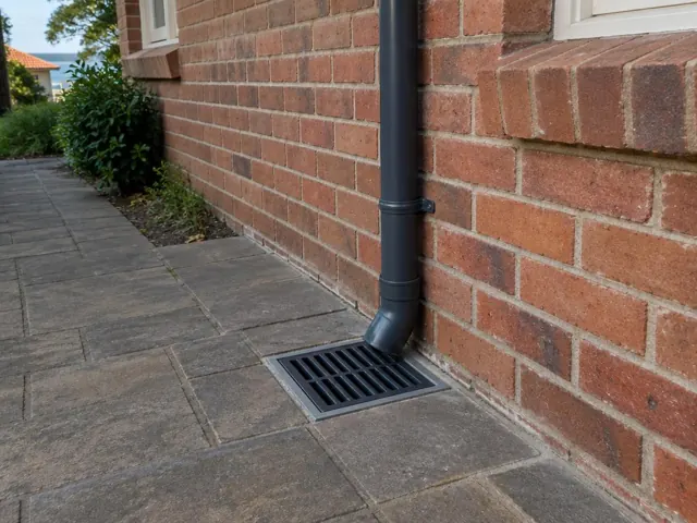 Stormwater grate beside a brick house and paved path in Dover Heights