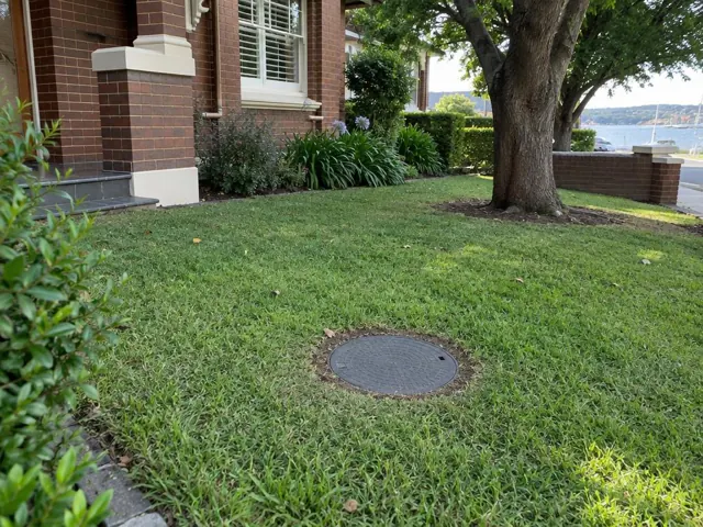 Lawn with a round capped access cover beside a brick house and tree in Rose Bay